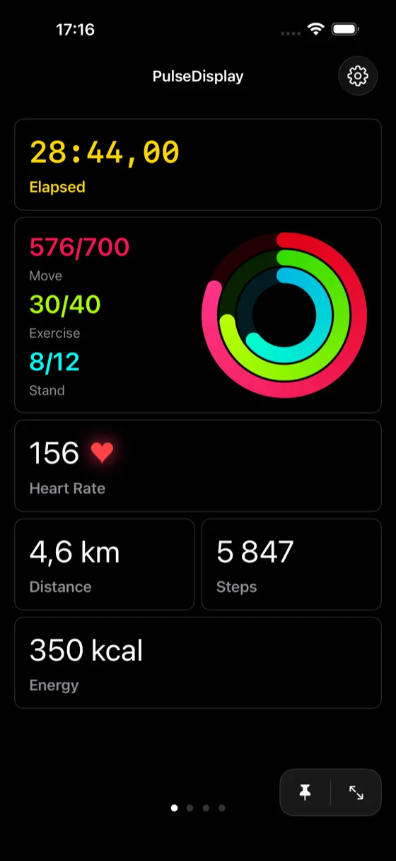 PulseDisplay metrics dashboard showing heart rate, calories, distance, and Activity Rings